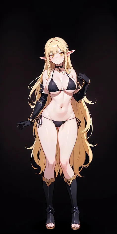 ((BLACK BACKGROUND1:2)) masterpiece, best quality, high quality, 1solo white SKIN elf, long hair, blonde hair, yellow eyes, full body, black bikini, looking at viewer, shiny, black thighhighs, high boots,shoulder armor, faulds, poleyn, gloves, gauntlets, F...