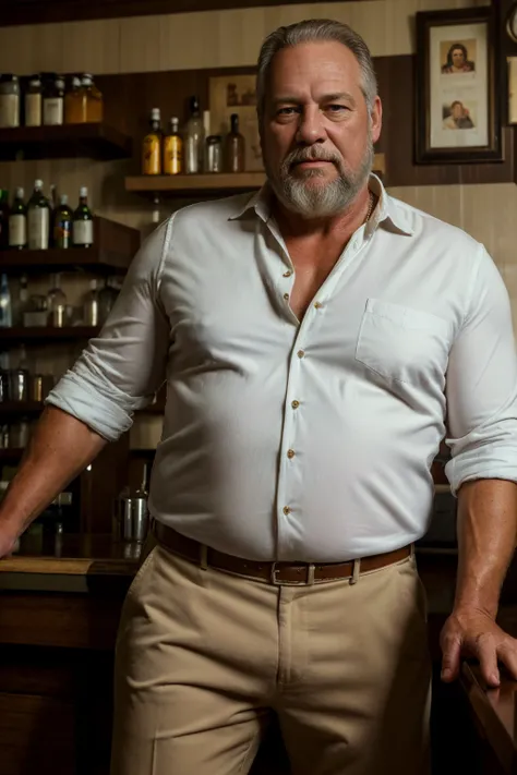 (best quality, highres, realistic:1.37), portrait, 60-year-old white man, disgusting, muscular chubby, kind, buttoned-up shirt, pants, stylish beard, bartender