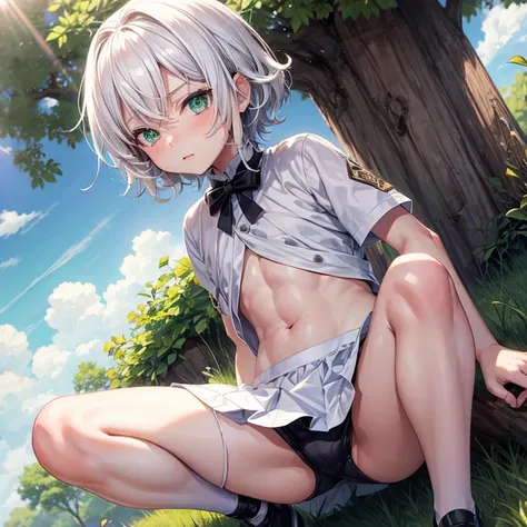 I want an innocent and cute 9 year old shota with a sexy body, white hair and green eyes, estilo anime y con vestimentas algo ajustadas 