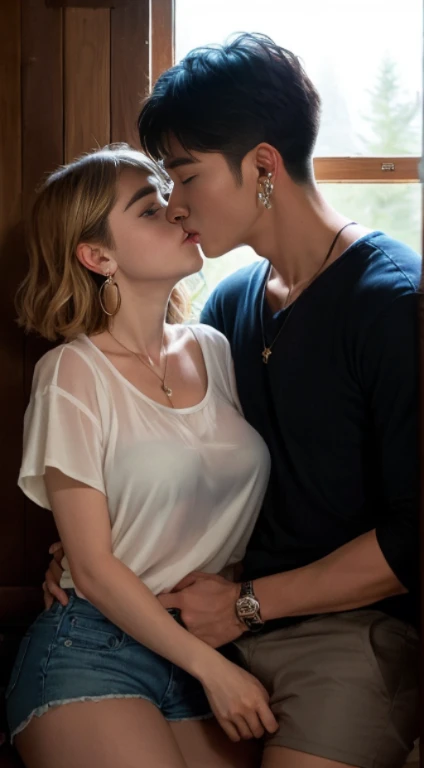 ((Kiernan shipka)), girl wearing hoop earings, big breasts, shorts, and blouse is kissing korean boy, cute, badboy, cabin in the woods, photorealistic, Indirect lighting, volumetric light, ray tracing, hyper-detailed, best quality, ultra-high resolution, H...