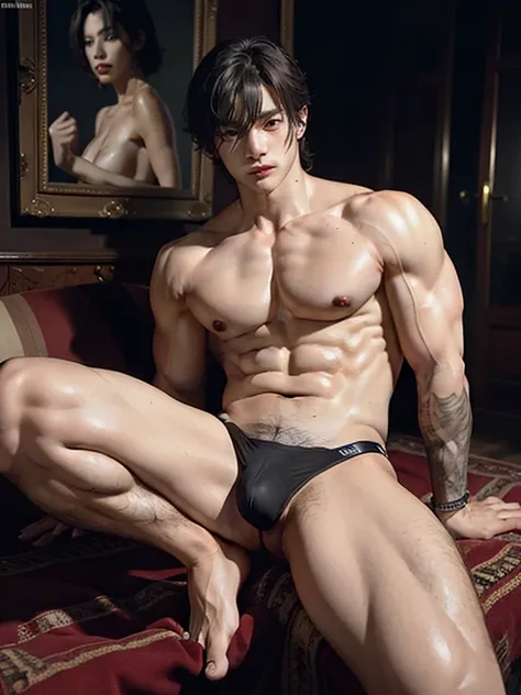 (man:1.2) (bodybuilder:0.8), Masterpiece, realistic, BTS&#39; Jungkook poses naked , Revealing his hot and sexy body., It has a carved abdomen.. He smiled confidently., His eyebrow and lip piercings add to his uniqueness.. His hair is a stylish wolf style....