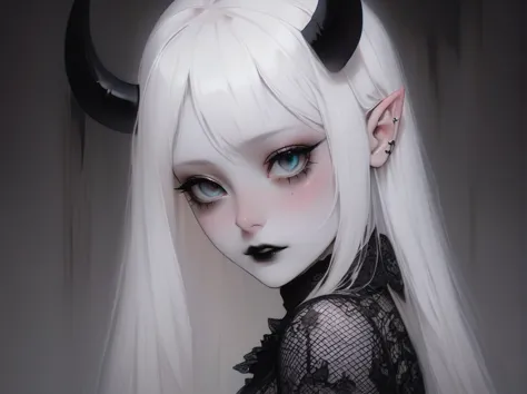 pale devil girl , ((above the waist)), shot from afar, (big eyes, the eyes are tender and beautiful, beautiful and gentle face, ...