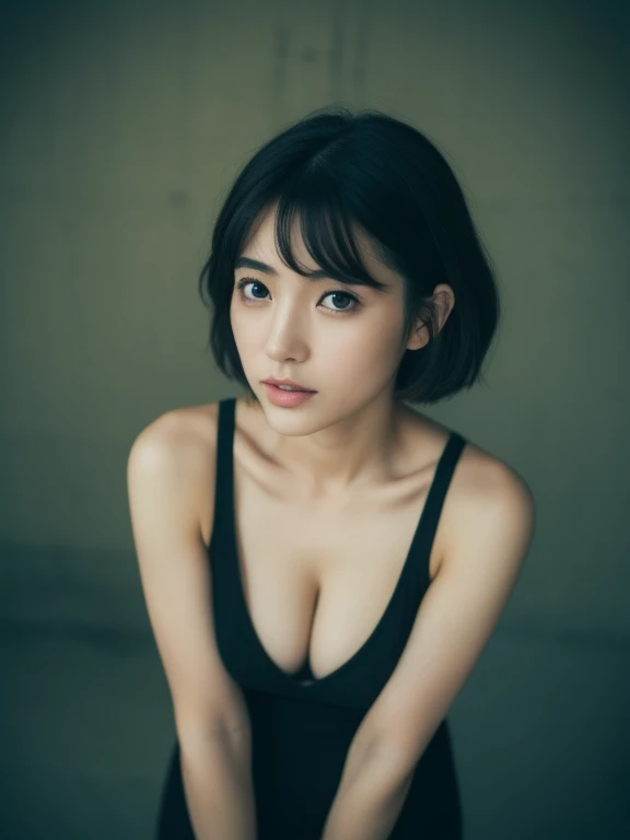 1 girl,Very beautiful 30 year old Japanese woman、very short hair、vision、cleavage、Wind、Dark cloudy sky、body like a model、 outside、shirt、open your legs、High level image quality、best image quality、look at the camera、focus on the eyes、boldness、blade runner、loo...