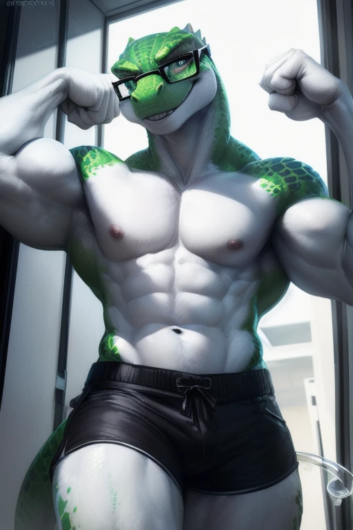  ((  A green anthropomorphic lizard with glasses and flexing his muscles flexing in a testing room and is shirtless wearing black and green shorts and in a all white room testing room with a test tube behind him and good lighting)) , (by Homogenousrule, by...