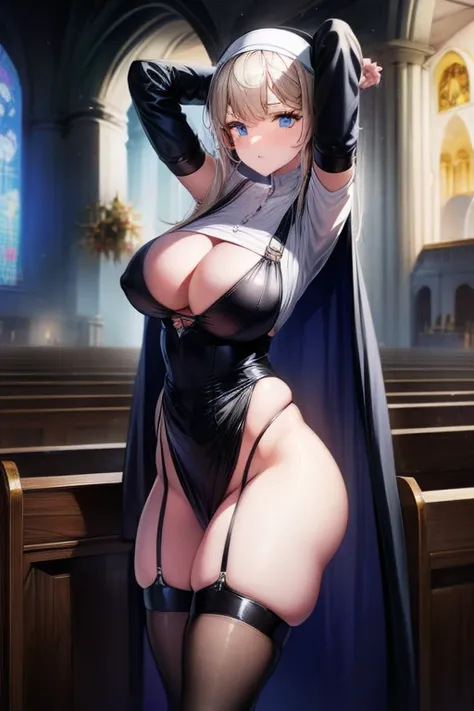 （8K ，Hyper-detailing，Ultra photo realsisim，Best Masterpiece，naturey，Movie special effects，Perfect artwork，Perfect female body），a cute young girl，（large tities），In churches，Sexy nun robes，black suspenders stockings，Large cleavage，，Stretch meat，Raised sexy