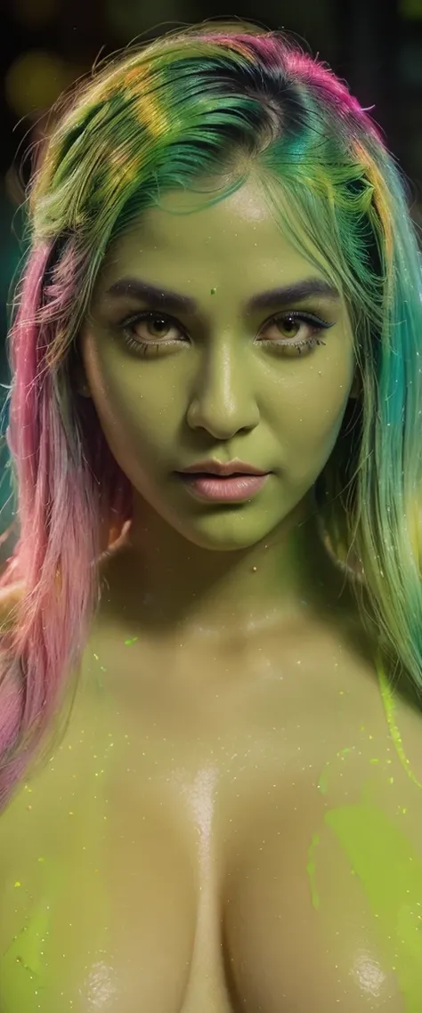 ((Glow in the dark)), ((the color glow of Bioluminescent)), paint splashing, Captivating psychedelic surreal neon amazing universe beautiful gorgeous Indian women in a bright colorful neon light, sharp focus, (closeup portrait), (((Indian women in a bright...