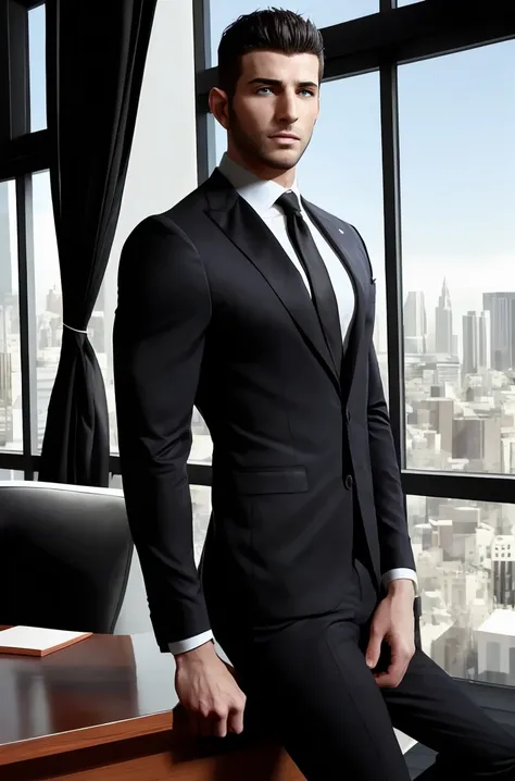 An attractive one, muscular, Confident middle eastern man sitting in office，full of power, Wearing a stylish black suit with a white tie. The suit is open，The window frames the stunning cityscape behind him. 25 year old male full body photo,long legs，Heigh...