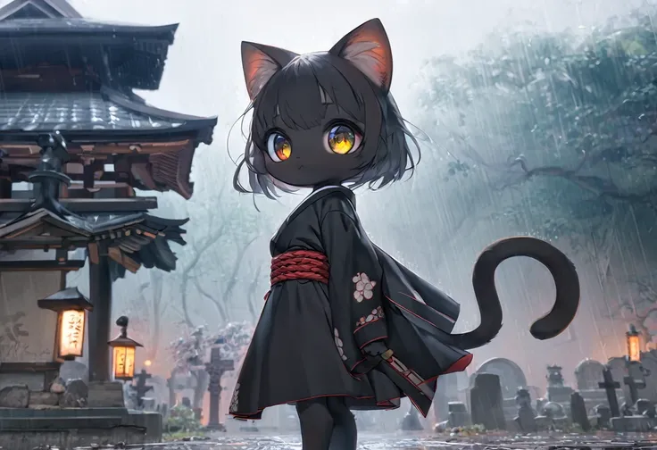 #Quality(8k,best quality,masterpiece,cinematic),solo,#1 girl(black cat,cute,kawaii,Rōnin uniform,Rōnin,ronin,eye color black,big eyes,standing,full body, long shot,from side,big breast),#background(at japanese cemetery, raining),long shot,long view