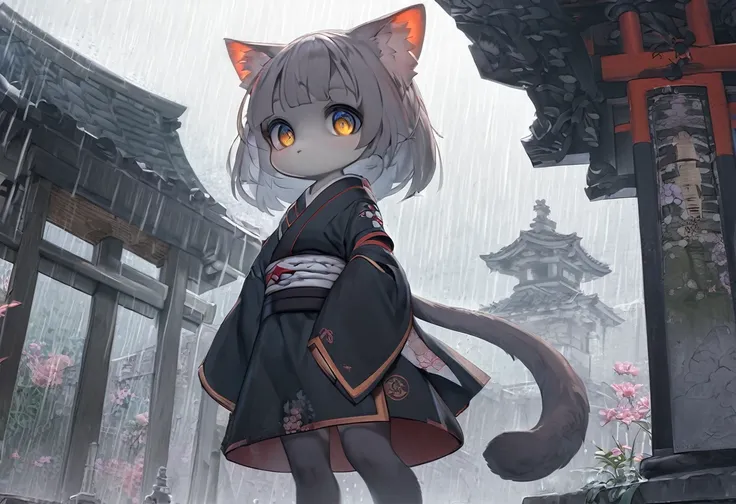 #Quality(8k,best quality,masterpiece,cinematic),solo,#1 girl(gray cat,cute,kawaii,Rōnin uniform,Rōnin,ronin,eye color black,big eyes,standing,full body, long shot,from side,big breast),#background(at japanese cemetery, raining),long shot,long view