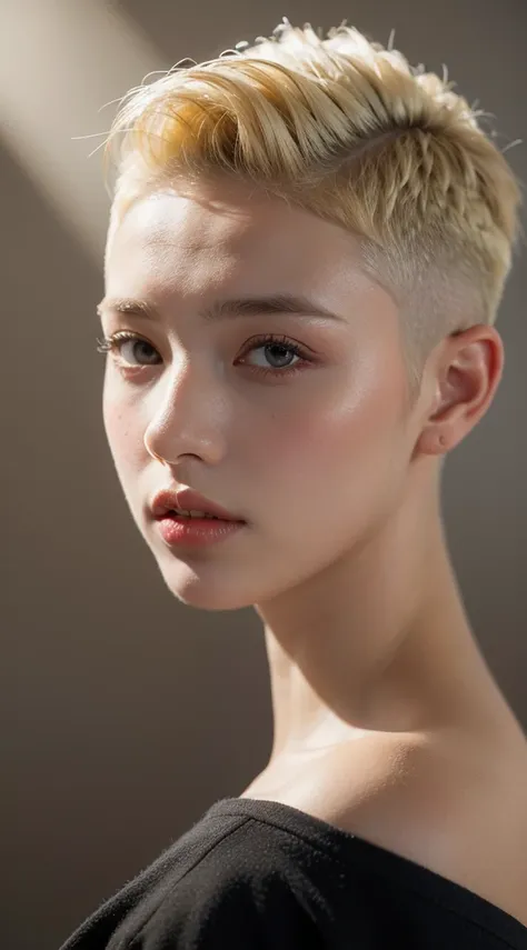 a 20 yo woman, blonde, (hi-top fade:1.3), dark theme, soothing tones, muted colors, high contrast, (natural skin texture, hyperr...