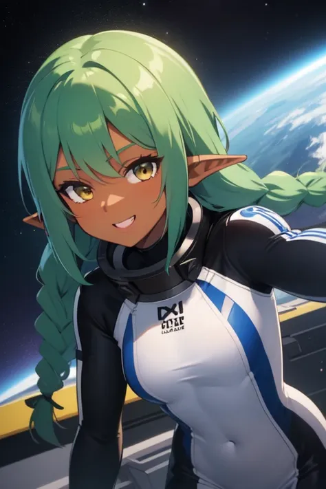 ((best quality)), ((masterpiece)), (detailed), front facing, front view, perfect face, dark skin, light brown skin, tan skin, dark elf, pointy ears, tall, slim, alone, happy, green and Blue hair, braids, athletic, spacesuit,