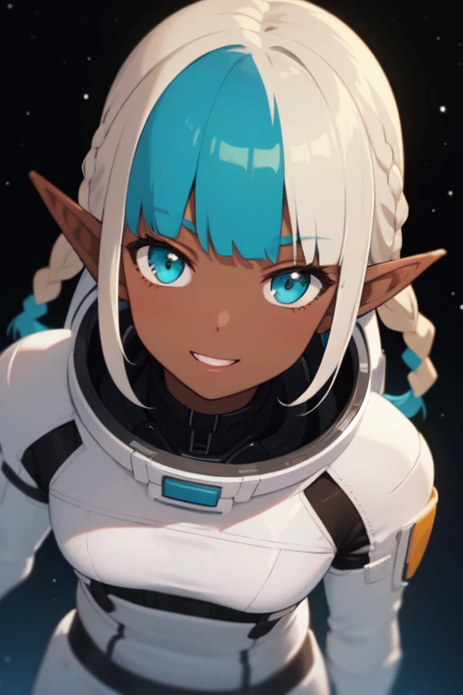 ((best quality)), ((masterpiece)), (detailed), front facing, front view, perfect face, dark skin, light brown skin, tan skin, dark elf, pointy ears, tall, slim, alone, happy, cyan hair, braids, athletic, spacesuit,