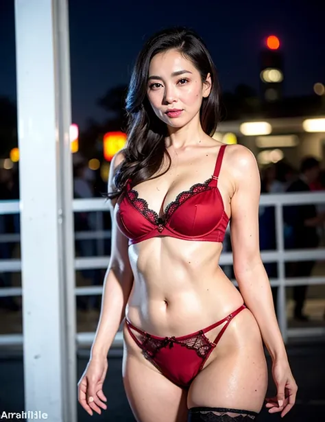 (8K, RAW photo, better quality, masterpiece: 1.2), (realist, fotorrealist: 1.37), 1 , Japan, 40 generations,, cityscape, night, professional lighting, photon mapping, radio city, Scratched, big, Transparent bright red tiny bra ,at an exhibition, noticeable...