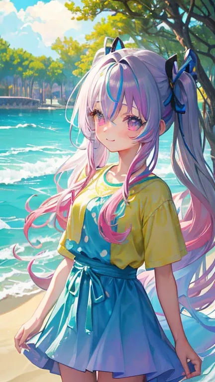 (rainbow colored hair, colorful hair, half silver、half pink hair: 1.2), ,long hair、(cinematic digital artwork: 1.3), high qualit...