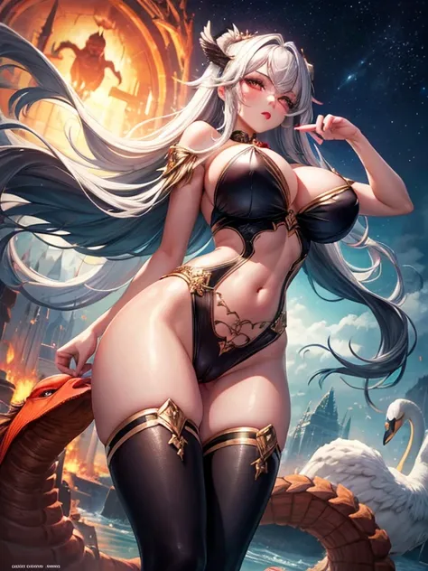 Ultra high quality，8K，Giant Breast Girl，Sexy and feminine, high and cold，Dark beauty，Enchanting，The head proportions are perfect，Gray hair，Flaming red lips，Swan nec, fit clothes, camel toe,