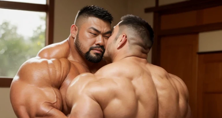 (hugging each other:1.4), fat face, (inside bedroom:1.2), Japanese man, Chinese man, Korean man, Taiwanese man, manly face, (round face:1.4), (monolid eyes:1.2), (buzz cut:1.4), very large and strong body, bulky body, beefy muscles (bulging muscles:1.4), (...