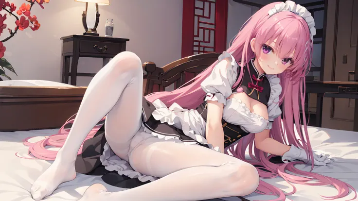 Chinese architecture,night chinese background， solo，a girl，170cm height，25CM bust，pink hair，White maid outfit，white underwear，night，gentle，Smile， ((white pantyhose)，indoors，on the bed，black gloves，no shoes，mitsukasa ayase