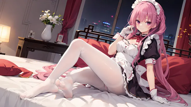 Chinese architecture,night chinese background， solo，a girl，170cm height，25CM bust，pink hair，White maid outfit，white underwear，night，gentle，Smile， ((white pantyhose)，indoors，on the bed，black gloves，no shoes，mitsukasa ayase