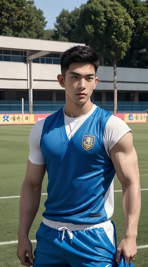 Asian male model, big muscles, Full chest muscles，Sexy and charming expression，blue eyes，Handsome, cool, Hair combed smoothly, piercing ears, Wear a loose-fitting vest，sports Shorts，Big bag highlights, image, modeling, dynamic poses, Tsinghua University, O...