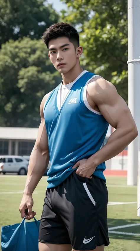 Asian male model, big muscles, Full chest muscles，Sexy and charming expression，blue eyes，Handsome, cool, Hair combed smoothly, piercing ears, Wear a loose-fitting vest，sports Shorts，Big bag highlights, image, modeling, dynamic poses, Tsinghua University, O...