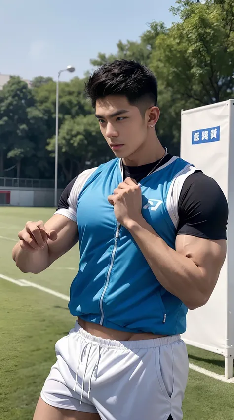 Asian male model, big muscles, Full chest muscles，Sexy and charming expression，blue eyes，Handsome, cool, Hair combed smoothly, piercing ears, Wear a loose-fitting vest，sports Shorts，Big bag highlights, image, modeling, dynamic poses, Tsinghua University, C...