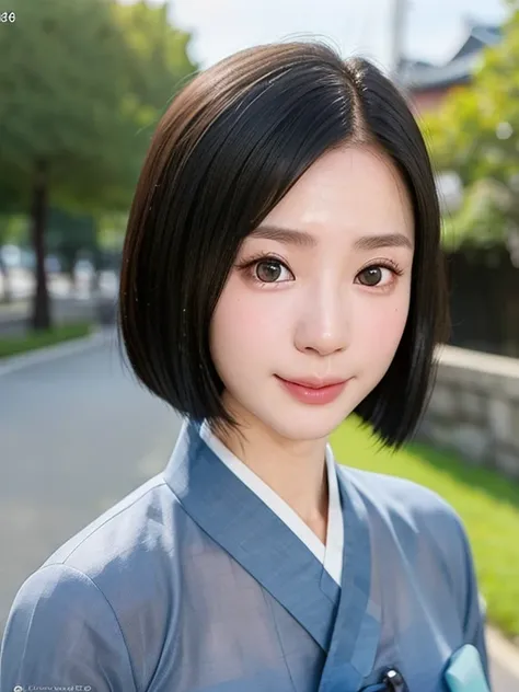 (kawaii 24 year-old Japanese girl, Nogizaka idol, Korean idol), (glossy black hair, medium bob cut:1.3), (extra rounded face, forehead, single eyelid, no makeup, soft smiling:1.2), (well shaped whitened teeth:0.7), (wearing light blue Hanbok, Korean tradit...