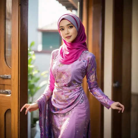 beautiful girl, wearing traditional baju kurung, ultra-detailed, detailed faces, detailed skins, 8k masterpieces, cinematic lighting, ((1girl)), ((solo)), firm push-up breasts, modest breasts, slim and slender body, long hijab, eid mubarak, in malay villag...