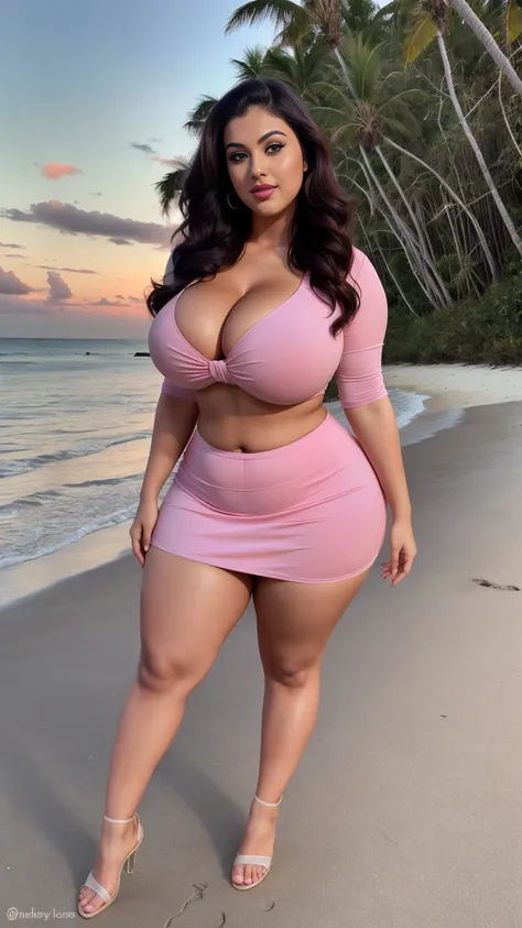 Madhubala Indian sexy curvy plus size body beautiful actress in a Effortless Elegance Mini Skirt posing for a picture in Sunset Boulevard Haven for a photoshoot, camera front facing, smilling face, head to toe view, full body shot, hourglass body shape, cu...