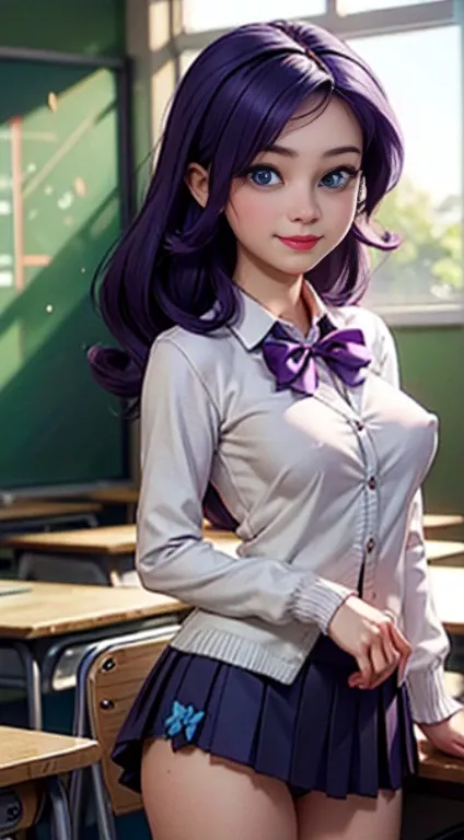 ((best quality)), ((highly detailed)), masterpiece, (detailed eyes, deep eyes), (1girl), dynamic angle, cowboy shot, mlprarity, woman, smile, looking at viewer, ((purple hair)), ((blue eyes)), naked, slight smile (indoor, classroom), uniform, pleated skirt...