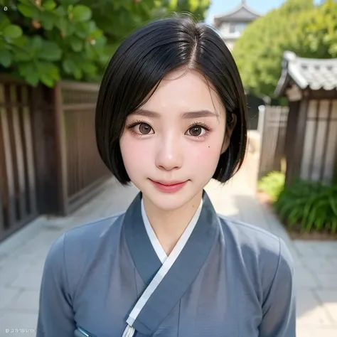 (kawaii 24 year-old Japanese girl, Nogizaka idol, Korean idol), (glossy black hair, medium bob cut:1.3), (extra rounded face, forehead, single eyelid, no makeup, soft smiling:1.2), (well shaped whitened teeth:0.7), (wearing light blue Hanbok, Korean tradit...