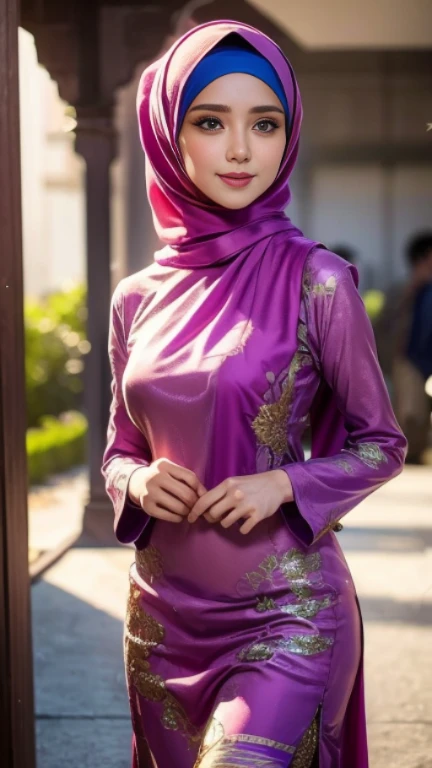 beautiful girl, wearing traditional baju kurung, ultra-detailed, detailed faces, detailed skins, 8k masterpieces, cinematic lighting, ((1girl)), ((solo)), firm push-up breasts, modest breasts, slim and slender body, long hijab, eid mubarak, in malay villag...