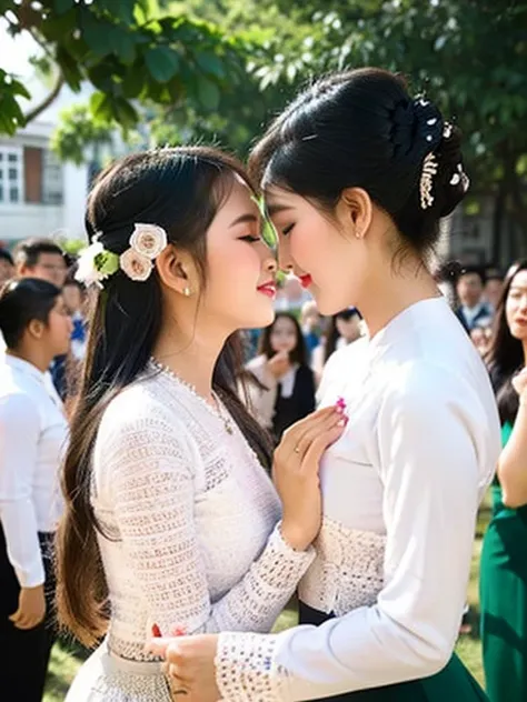 2 girls who gets married and stands in front of many people, kissing.Burmese traditional wedding. 