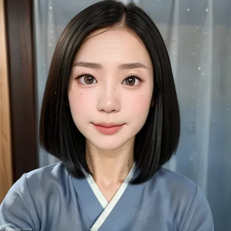 (kawaii 24 year-old Japanese girl, Nogizaka idol, Korean idol), (glossy black hair, medium bob cut:1.3), (extra rounded face, forehead, single eyelid, no makeup, soft smiling:1.2), (well shaped whitened teeth:0.7), (wearing light blue Hanbok, Korean tradit...