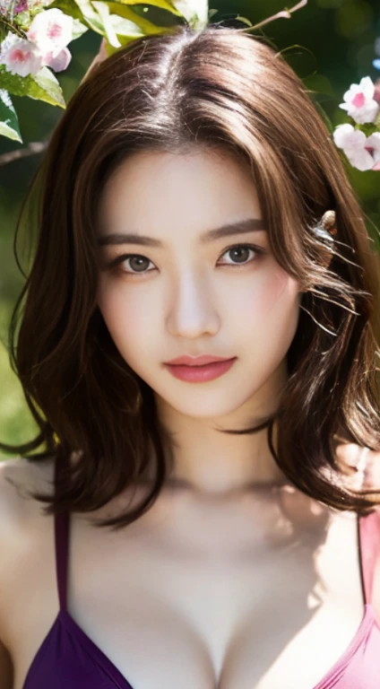 Cherry tree、swimsuit、open chest、I&#39;m not wearing anything inside、whole body、NiziUAYAKA、 ４Ｋ、１people&#39;s women、slender、 Loose wavy styling 、seductive and attractive、Including face and skin texture.，detailed eyes、A soothing expression with a smile