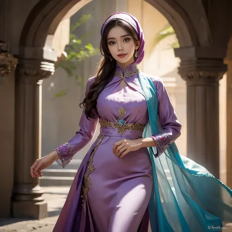 half body, beautiful girl, wearing traditional baju kurung, ultra-detailed, detailed faces, detailed skins, 8k masterpieces, cinematic lighting, ((1girl)), ((solo)), firm push-up breasts, modest breasts, slim and slender body, long hijab, eid mubarak, in m...