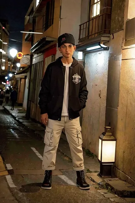 Melhor qualidade, obra de arte, foto, 4K, fotorealistic, altamente detalhado,
1 jovem de costas vestindo roupa punk, olhando pra Cidade ao longe no fundo, Sozinho, cidade favelas, a noite, light bulbs on, by Akira Toriyama.
