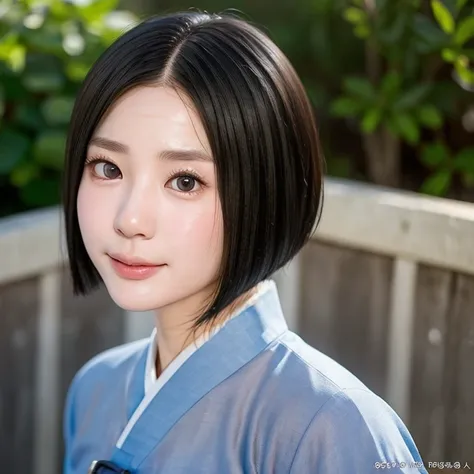 (kawaii 24 year-old Japanese girl, Nogizaka idol, Korean idol), (glossy black hair, medium bob cut:1.3), (extra rounded face, forehead, single eyelid, no makeup, soft smiling:1.2), (well shaped whitened teeth:0.7), (wearing light blue Hanbok, Korean tradit...