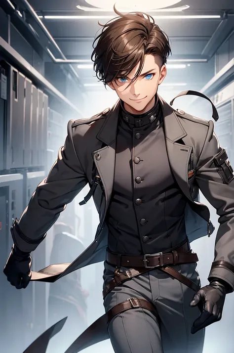 1man, brown hair, short hair, fade, fringe, blue eyes, (black gloves + light gray jacket), boots, black trousers, knife, full body shot, smiling expression, Solo, High quality, detail hands
