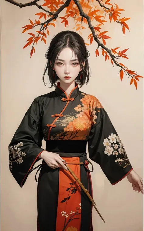 shukezouma, shuimobysim, ((starling)), willow branches, (masterpiece, best quality: 1.2), ((Traditional Chinese ink painting)), model style, bamboo branches, bamboo, wuchangshuo, red, orange, black, fire, starling, bird
