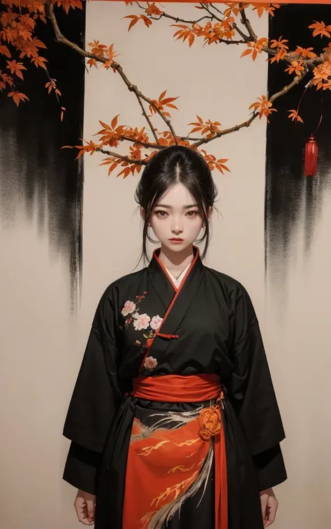 shukezouma, shuimobysim, ((starling)), willow branches, (masterpiece, best quality: 1.2), ((Traditional Chinese ink painting)), model style, bamboo branches, bamboo, wuchangshuo, red, orange, black, fire, starling, bird
