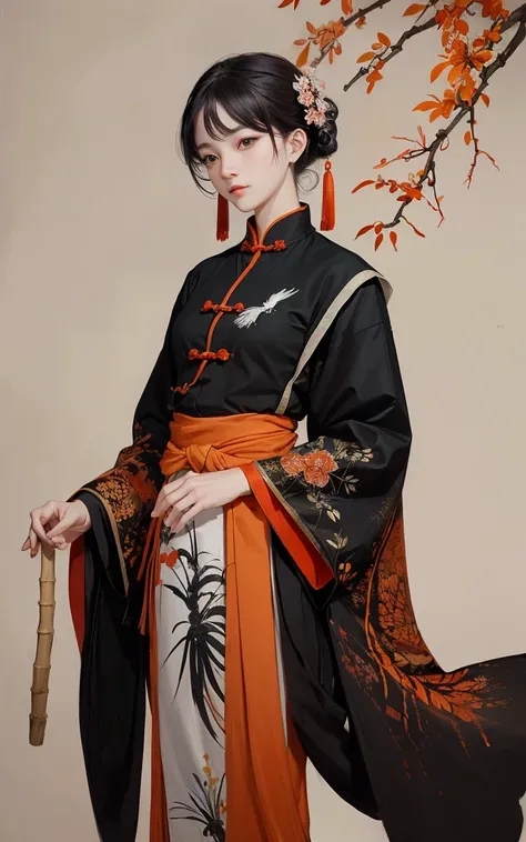 shukezouma, shuimobysim, ((starling)), willow branches, (masterpiece, best quality: 1.2), ((Traditional Chinese ink painting)), model style, bamboo branches, bamboo, wuchangshuo, red, orange, black, fire, starling, bird
