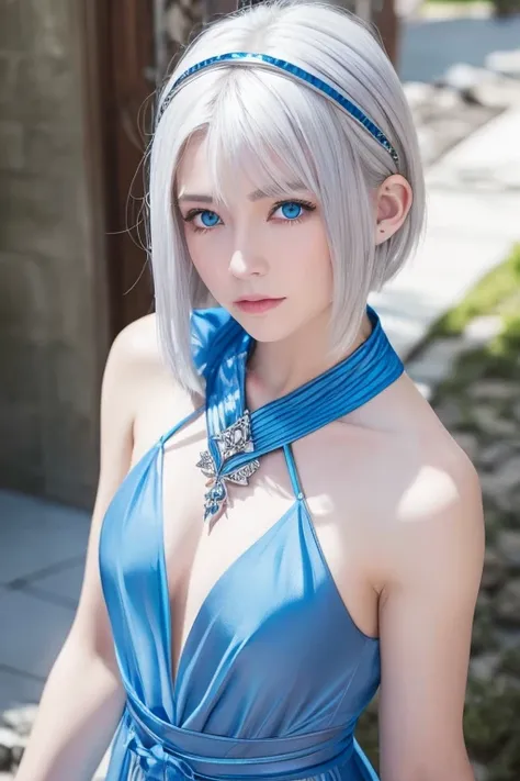 silver hair　short hair　blue eyes　Crisp look　fair skin　Beauty　White wolf ears　blue dress　live-action