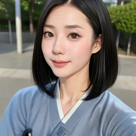 (kawaii 24 year-old Japanese girl, Nogizaka idol, Korean idol), (glossy black hair, medium bob cut:1.3), (extra rounded face, forehead, single eyelid, no makeup, soft smiling:1.2), (well shaped whitened teeth:0.7), (wearing light blue Hanbok, Korean tradit...