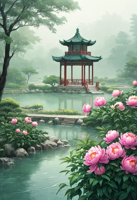 ancient china, peaceful, garden, peony flowers, spring, small ancient chinese gazebo looming in the distance, misty, light rain, lake, no human, mint-color background