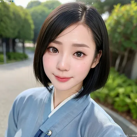 (kawaii 24 year-old Japanese girl, Nogizaka idol, Korean idol), (glossy black hair, medium bob cut:1.3), (extra rounded face, forehead, single eyelid, no makeup, soft smiling:1.2), (well shaped whitened teeth:0.7), (wearing light blue Hanbok, Korean tradit...