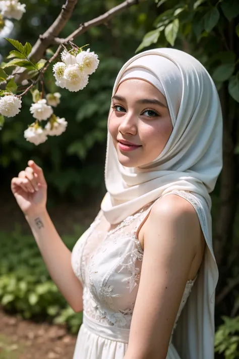 ((best quality)), ((masterpiece)), (detailed), A 18 year old chubby girl , white loosely gamis dress, (smiling:0.3), white hijab, There are many scattered luminous petals, hidding in the light yellow flowers,Depth of field, Many scattered leaves, branch,an...