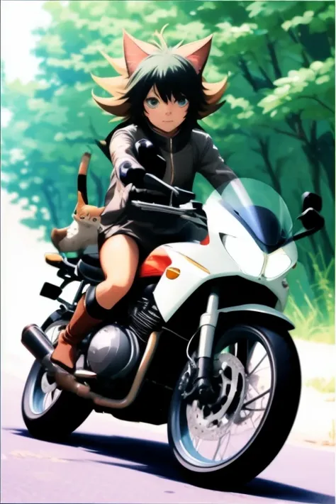 Anime cat rides a motorcycle