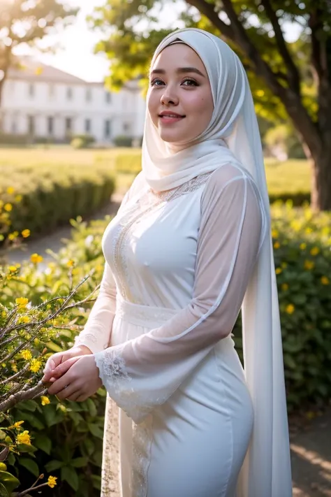 ((best quality)), ((masterpiece)), (detailed), A 18 year old chubby girl , white loosely gamis dress, (smiling:0.3), long sleeve, white hijab, There are many scattered luminous petals, hidding in the light yellow flowers, Depth of field, ray of lights, Man...