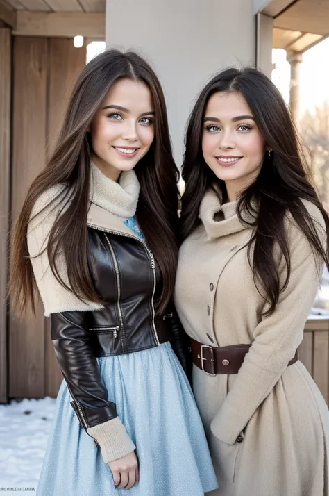 Professional photograph, best quality, 8K, hyper detailed, half body, A close up portrait of two gorgeous, beautiful, wonderful women, argentinian and russian females together posing for the camera, both women have super long hair, argentinian girl has dar...