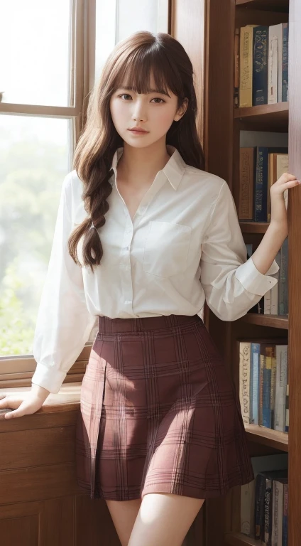 top-quality、High school students、a beauty girl、Brown hair、Pattsun bangs、Braids、a short bob、a small face、student clothes、White shirt、Colossal tits、Chest protruding greatly from the shirt,、A slender、Large with a slender body、Plaid gray skirt、white sock、up ch...